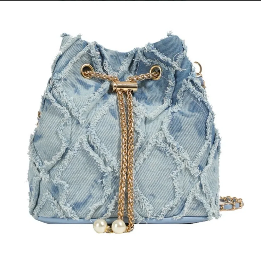 Capri Boutique Pearl Frayed Blue Denim Drawstring Bucket Bag - Picture 5 of 6